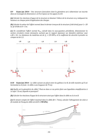 - 32 -
8.9 Exam Jan 2014 - Une structure funiculaire dont la géométrie est à déterminer est inscrite
dans un rectangle de dimensions L et H et repose sur les appuis A et B.
(a) Calculer les réactions d'appui de la structure et dessiner l’allure de la structure en y indiquant les
hauteurs en chaque point d’application des charges.
(b) Calculer la valeur de l'effort normal dans le dernier tronçon de la structure (côté droit) pour L = 20
m, Q=10 kN et H = 5 m.
(c) En considérant l’effort normal Nmax calculé dans la sous-question précédente, dimensionner la
section circulaire creuse nécessaire, sachant que le rapport épaisseur sur diamètre extérieur vaut
𝑒/∅ = 0,1. La résistance du matériau est de 𝑓𝑒 = 235 𝑀𝑃𝑎, et le coefficient de sécurité à prendre en
compte est de 1,5.
8.10 Exam Jan 2014 - Le câble suivant est placé entre les pylônes A et B, de telle manière qu’il est
horizontal en A (note : le câble a une longueur de 75 m).
(a) Quelle est la géométrie du câble ? Peut-on dans ce cas précis faire une hypothèse simplificatrice à
ce sujet ? Si oui, laquelle et pourquoi?
(b) Calculer les réactions d'appui de la structure ainsi que l’effort dans le câble en A et en B.
(c) En tenant compte de l’effort maximal dans le câble (∅ = 7𝑚𝑚), calculer l’allongement de celui-ci
(le module de Young du câble est de E = 190 GPa).
 