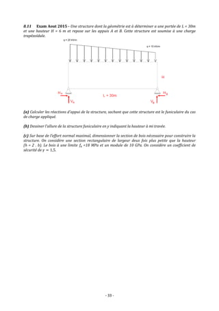 - 33 -
8.11 Exam Aout 2015 - Une structure dont la géométrie est à déterminer a une portée de L = 30m
et une hauteur H = 6 m et repose sur les appuis A et B. Cette structure est soumise à une charge
trapézoïdale.
(a) Calculer les réactions d'appui de la structure, sachant que cette structure est le funiculaire du cas
de charge appliqué.
(b) Dessiner l’allure de la structure funiculaire en y indiquant la hauteur à mi travée.
(c) Sur base de l’effort normal maximal, dimensionner la section de bois nécessaire pour construire la
structure. On considère une section rectangulaire de largeur deux fois plus petite que la hauteur
(h = 2 . b). Le bois à une limite 𝑓𝑒 =18 MPa et un module de 10 GPa. On considère un coefficient de
sécurité de 𝛾 = 1,5.
 
