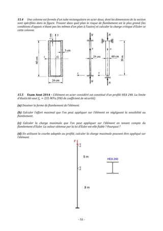 - 51 -
15.4 Une colonne est formée d’un tube rectangulaire en acier doux, dont les dimensions de la section
sont spécifiées dans la figure. Trouver dans quel plan le risque de flambement est le plus grand (les
conditions d’appuis n’étant pas les mêmes d’un plan à l’autre) et calculer la charge critique d’Euler ce
cette colonne.
15.5 Exam Aout 2014 - L’élément en acier considéré est constitué d’un profilé HEA 240. La limite
d’élasticité vaut 𝑓𝑒 = 235 𝑀𝑃𝑎 (PAS de coefficient de sécurité).
(a) Dessiner la forme de flambement de l’élément.
(b) Calculer l’effort maximal que l’on peut appliquer sur l’élément en négligeant la sensibilité au
flambement.
(c) Calculer la charge maximale que l’on peut appliquer sur l’élément en tenant compte du
flambement d’Euler. La valeur obtenue par la loi d’Euler est-elle fiable ? Pourquoi ?
(d) En utilisant la courbe adaptée au profilé, calculer la charge maximale pouvant être appliqué sur
l’élément.
 
