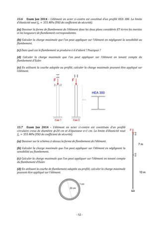 - 52 -
15.6 Exam Jan 2014 - L’élément en acier ci-contre est constitué d’un profilé HEA 300. La limite
d’élasticité vaut 𝑓𝑒 = 355 MPa (PAS de coefficient de sécurité).
(a) Dessiner la forme de flambement de l’élément dans les deux plans considérés ET écrire les inerties
et les longueurs de flambement correspondantes.
(b) Calculer la charge maximale que l’on peut appliquer sur l’élément en négligeant la sensibilité au
flambement.
(c) Dans quel cas le flambement se produira-t-il d’abord ? Pourquoi ?
(d) Calculer la charge maximale que l’on peut appliquer sur l’élément en tenant compte du
flambement d’Euler.
(e) En utilisant la courbe adaptée au profilé, calculer la charge maximale pouvant être appliqué sur
l’élément.
15.7 Exam Jan 2014 - L’élément en acier ci-contre est constituée d’un profilé
circulaire creux de diamètre =20 cm et d’épaisseur e=1 cm. La limite d’élasticité vaut
𝑓𝑒 = 355 MPa (PAS de coefficient de sécurité).
(a) Dessiner sur le schéma ci-dessus la forme de flambement de l’élément.
(b) Calculer la charge maximale que l’on peut appliquer sur l’élément en négligeant la
sensibilité au flambement.
(c) Calculer la charge maximale que l’on peut appliquer sur l’élément en tenant compte
du flambement d’Euler.
(d) En utilisant la courbe de flambement adaptée au profilé, calculer la charge maximale
pouvant être appliqué sur l’élément.
 