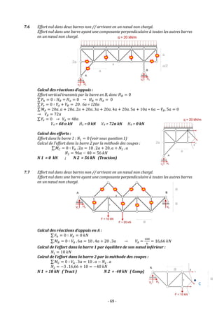 - 69 -
7.6 Effort nul dans deux barres non // arrivant en un nœud non chargé.
Effort nul dans une barre ayant une composante perpendiculaire à toutes les autres barres
en un nœud non chargé.
Calcul des réactions d’appuis :
Effort vertical transmis par la barre en B, donc 𝐻𝐵 = 0
∑ 𝐹ℎ = 0 ∶ 𝐻𝐵 + 𝐻𝑎 = 0 → 𝐻𝐵 = 𝐻𝐴 = 0
∑ 𝐹𝑣 = 0 ∶ 𝑉𝐴 + 𝑉𝐵 = 20 . 6a = 120a
∑ 𝑀𝐴 = 20𝑎. 𝑎 + 20𝑎. 2𝑎 + 20𝑎. 3𝑎 + 20𝑎. 4𝑎 + 20𝑎. 5𝑎 + 10𝑎 ∗ 6𝑎 − 𝑉𝐵. 5𝑎 = 0
→ 𝑉𝐵 = 72𝑎
∑ 𝐹𝑣 = 0 → 𝑉𝐴 = 48𝑎
VA = 48 a kN HA = 0 kN VB = 72a kN HB = 0 kN
Calcul des efforts :
Effort dans la barre 1 : 𝑁1 = 0 (voir sous question 1)
Calcul de l’effort dans la barre 2 par la méthode des coupes :
∑ 𝑀𝐶 = 0 ∶ 𝑉𝐴 . 2𝑎 = 10 . 2𝑎 + 20. 𝑎 + 𝑁2 . 𝑎
𝑁2 = 96𝑎 − 40 = 56 𝑘𝑁
N 1 = 0 kN ; N 2 = 56 kN (Traction)
7.7 Effort nul dans deux barres non // arrivant en un nœud non chargé.
Effort nul dans une barre ayant une composante perpendiculaire à toutes les autres barres
en un nœud non chargé.
Calcul des réactions d’appuis en A :
∑ 𝐹ℎ = 0 ∶ 𝐻𝐴 = 0 𝑘𝑁
∑ 𝑀𝐵 = 0 ∶ 𝑉𝐴 . 6𝑎 = 10 . 4𝑎 + 20 . 3𝑎 → 𝑉𝐴 =
100
6
= 16,66 𝑘𝑁
Calcul de l’effort dans la barre 1 par équilibre de son nœud inférieur :
𝑁1 = 10 𝑘𝑁
Calcul de l’effort dans la barre 2 par la méthode des coupes :
∑ 𝑀𝐶 = 0 ∶ 𝑉𝐴 . 3𝑎 = 10 . 𝑎 − 𝑁2 . 𝑎
𝑁2 = −3 . 16,66 + 10 = −40 𝑘𝑁
N 1 = 10 kN ( Tract ) N 2 = -40 kN ( Comp)
C
 