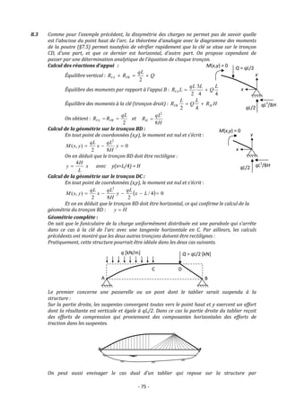 - 75 -
8.3 Comme pour l'exemple précédent, la dissymétrie des charges ne permet pas de savoir quelle
est l'abscisse du point haut de l'arc. Le théorème d'analogie avec le diagramme des moments
de la poutre (§7.5) permet toutefois de vérifier rapidement que la clé se situe sur le tronçon
CD, d'une part, et que ce dernier est horizontal, d'autre part. On propose cependant de
passer par une détermination analytique de l'équation de chaque tronçon.
Calcul des réactions d'appui :
Équilibre vertical : Q
qL
R
R VB
VA 


2
Équilibre des moments par rapport à l'appui B :
4
4
3
2
L
Q
L
qL
L
RVA 

Équilibre des moments à la clé (tronçon droit) : H
R
L
Q
L
R H
VB 

4
2
On obtient :
2
qL
R
R VB
VA 
 et
H
qL
RH
8
2

Calcul de la géométrie sur le tronçon BD :
En tout point de coordonnées (x,y), le moment est nul et s'écrit :
0
8
2
)
,
(
2


 y
H
qL
x
qL
y
x
M
On en déduit que le tronçon BD doit être rectiligne :
x
L
H
y
4
 avec y(x=L/4) = H
Calcul de la géométrie sur le tronçon DC :
En tout point de coordonnées (x,y), le moment est nul et s'écrit :
  0
4
/
2
8
2
)
,
(
2




 L
x
qL
y
H
qL
x
qL
y
x
M
Et on en déduit que le tronçon BD doit être horizontal, ce qui confirme le calcul de la
géométrie du tronçon BD : H
y 
Géométrie complète :
On sait que le funiculaire de la charge uniformément distribuée est une parabole qui s'arrête
dans ce cas à la clé de l'arc avec une tangente horizontale en C. Par ailleurs, les calculs
précédents ont montré que les deux autres tronçons doivent être rectilignes :
Pratiquement, cette structure pourrait être idéale dans les deux cas suivants.
Le premier concerne une passerelle ou un pont dont le tablier serait suspendu à la
structure :
Sur la partie droite, les suspentes convergent toutes vers le point haut et y exercent un effort
dont la résultante est verticale et égale à qL/2. Dans ce cas la partie droite du tablier reçoit
des efforts de compression qui proviennent des composantes horizontales des efforts de
traction dans les suspentes.
On peut aussi envisager le cas dual d'un tablier qui repose sur la structure par
qL2
/8H
qL/2
x
y
M(x,y) = 0
qL2
/8H
qL/2
x
y
M(x,y) = 0 Q = qL/2
A B
q [kN/m] Q = qL/2 [kN]
C D
 