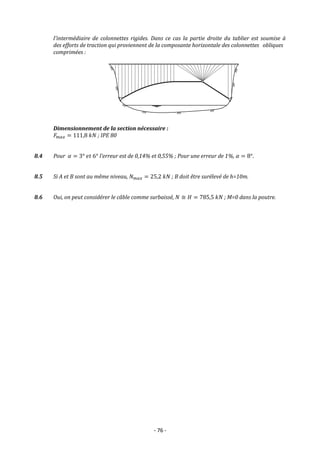 - 76 -
l'intermédiaire de colonnettes rigides. Dans ce cas la partie droite du tablier est soumise à
des efforts de traction qui proviennent de la composante horizontale des colonnettes obliques
comprimées :
Dimensionnement de la section nécessaire :
𝐹𝑚𝑎𝑥 = 111,8 𝑘𝑁 ; IPE 80
8.4 Pour 𝛼 = 3° 𝑒𝑡 6° l’erreur est de 0,14% et 0,55% ; Pour une erreur de 1%, 𝛼 = 8°.
8.5 Si A et B sont au même niveau, 𝑁𝑚𝑎𝑥 = 25,2 𝑘𝑁 ; B doit être surélevé de h=10m.
8.6 Oui, on peut considérer le câble comme surbaissé, 𝑁 ≅ 𝐻 = 785,5 𝑘𝑁 ; M=0 dans la poutre.
 