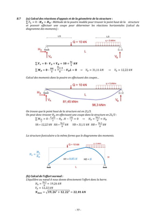 - 77 -
8.7 (a) Calcul des réactions d’appuis et de la géométrie de la stcucture :
∑ 𝐹ℎ = 0 ∶ 𝑯𝑨 = 𝑯𝑩 : Méthode de la poutre modèle pour trouver le point haut de la structure
et pouvoir effectuer une coupe pour déterminer les réactions horizontales (calcul du
diagramme des moments) :
∑ 𝑭𝒗 = 𝟎 ∶ 𝑽𝑨 + 𝑽𝑩 = 𝟏𝟎 +
𝟓𝑳
𝟑
𝒌𝑵
∑ 𝑴𝑨 = 𝟎 ∶
𝟏𝟎𝑳
𝟑
+
𝟓𝑳
𝟑
.𝑳 .𝟓
𝟔
− 𝑽𝑩𝑳 = 𝟎 → 𝑉𝐵 = 31,11 𝑘𝑁 → 𝑉𝐴 = 12,22 𝑘𝑁
Calcul des moments dans la poutre en effectuant des coupes…
On trouve que le point haut de la structure est en 2L/3.
On peut donc trouver 𝐻𝐴 en effectuant une coupe dans la structure en 2L/3 :
∑ 𝑀2𝐿
3
= 0 ∶
𝑉𝐴2𝐿
3
− 𝐻𝐴 . 𝐻 −
10𝐿
3
= 0 → 𝐻𝐴 =
96,3
𝐻
= 𝐻𝐵
VA = 12,22 kN HA =
96,3
𝐻
kN VB = 31,11 kN HB =
96,3
𝐻
kN
La structure funiculaire a la même forme que le diagramme des moments.
(b) Calcul de l’effort normal :
L’équilibre au nœud A nous donne directement l’effort dans la barre.
𝐻𝐴 =
96,3
𝐻
= 19,26 𝑘𝑁
𝑉𝐴 = 12,22 𝑘𝑁
𝑵𝒎𝒂𝒙 = √𝟏𝟗, 𝟐𝟔² + 𝟏𝟐, 𝟐𝟐² = 𝟐𝟐, 𝟖𝟏 𝒌𝑵
𝐻𝑥 =
𝑀𝑥
𝑅𝐻
0,85 𝐻 𝐻
 