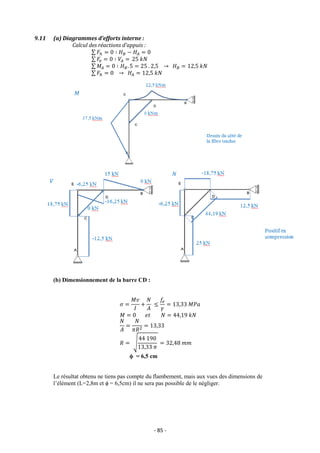 - 85 -
9.11 (a) Diagrammes d’efforts interne :
Calcul des réactions d’appuis :
∑ 𝐹ℎ = 0 ∶ 𝐻𝐵 − 𝐻𝐴 = 0
∑ 𝐹𝑣 = 0 ∶ 𝑉𝐴 = 25 𝑘𝑁
∑ 𝑀𝐴 = 0 ∶ 𝐻𝐵. 5 = 25 . 2,5 → 𝐻𝐵 = 12,5 𝑘𝑁
∑ 𝐹ℎ = 0 → 𝐻𝐴 = 12,5 𝑘𝑁
(b) Dimensionnement de la barre CD :
𝜎 =
𝑀𝑣
𝐼
+
𝑁
𝐴
≤
𝑓𝑒
𝛾
= 13,33 𝑀𝑃𝑎
𝑀 = 0 𝑒𝑡 𝑁 = 44,19 𝑘𝑁
𝑁
𝐴
=
𝑁
𝜋𝑅2
= 13,33
𝑅 = √
44 190
13,33 𝜋
= 32,48 𝑚𝑚
ϕ = 6,5 cm
Le résultat obtenu ne tiens pas compte du flambement, mais aux vues des dimensions de
l’élément (L=2,8m et ϕ = 6,5cm) il ne sera pas possible de le négliger.
𝑀
𝑉
𝑁
 