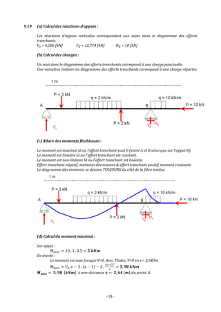 - 91 -
9.19 (a) Calcul des réactions d’appuis :
Les réactions d’appuis verticales correspondent aux sauts dans le diagramme des efforts
tranchants.
𝑉𝐴 = 4,286 [kN] 𝑉𝐵 = 12,714 [kN] 𝐻𝐵 = 10 [kN]
(b) Calcul des charges :
Un saut dans le diagramme des efforts tranchants correspond à une charge ponctuelle.
Une variation linéaire du diagramme des efforts tranchants correspond à une charge répartie.
(c) Allure des moments fléchissant :
Le moment est maximal là ou l’effort tranchant vaut 0 (entre A et B ainsi que sur l’appui B).
Le moment est linéaire là ou l’effort tranchant est constant.
Le moment est non-linéaire là ou l’effort tranchant est linéaire.
Effort tranchant négatif, moments décroissant & effort tranchant positif, moment croissant.
Le diagramme des moments se dessine TOUJOURS du côté de la fibre tendue.
(d) Calcul du moment maximal :
Sur appui :
𝑀𝑚𝑎𝑥 = 10 . 1 . 0.5 = 𝟓 𝒌𝑵𝒎
En travée :
Le moment est max lorsque V=0. Avec Thales, V=0 en x = 2,643m
𝑀𝑚𝑎𝑥 = 𝑉𝐴. 𝑥 − 3 . (𝑥 − 1) − 2 .
(𝑥−2)2
2
= 𝟓, 𝟗𝟖 𝒌𝑵𝒎
𝑴𝒎𝒂𝒙 = 𝟓, 𝟗𝟖 [𝒌𝑵𝒎] à 𝑢𝑛𝑒 𝑑𝑖𝑠𝑡𝑎𝑛𝑐𝑒 𝒙 = 𝟐, 𝟔𝟒 [𝒎] 𝑑𝑢 𝑝𝑜𝑖𝑛𝑡 𝐴.
 
