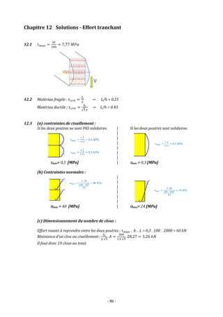 - 96 -
Chapitre 12 Solutions - Effort tranchant
12.1 𝜏𝑚𝑎𝑥 =
3𝑉
2𝑏ℎ
= 7,77 𝑀𝑃𝑎
12.2 Matériau fragile : 𝜏𝑐𝑟𝑖𝑡 =
𝑓𝑒
𝛾
→ L/h = 0.25
Matériau ductile ; 𝜏𝑐𝑟𝑖𝑡 =
𝑓𝑒
√3 𝛾
→ L/h = 0.43
12.3 (a) contraintes de cisaillement :
Si les deux poutres ne sont PAS solidaires. | Si les deux poutres sont solidaires.
|
|
|
|
|
|
max= 0,3 [MPa] | max = 0,3 [MPa]
(b) Contraintes normales :
|
|
|
|
|
|
max = 48 [MPa] | max= 24 [MPa]
(c) Dimensionnement du nombre de clous :
Effort rasant à reprendre entre les deux poutres : 𝜏𝑚𝑎𝑥 . 𝑏 . 𝐿 = 0,3 . 100 . 2000 = 60 kN
Résistance d’un clou au cisaillement :
𝑓𝑒
𝛾 √3
𝐴 =
300
1,5 √3
28,27 = 3,26 𝑘𝑁
Il faut donc 19 clous au total.
 