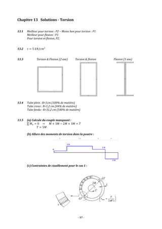 - 97 -
Chapitre 13 Solutions - Torsion
13.1 Meilleur pour torsion : P2 – Moins bon pour torsion : P1
Meilleur pour flexion : P3
Pour torsion et flexion, P2.
13.2 𝜏 = 5 𝑘𝑁/𝑐𝑚²
13.3 Torsion & Flexion (2 axe) Torsion & flexion Flexion (1 axe)
13.4 Tube plein : R=1cm (100% de matière)
Tube creux : R=1,2 cm (44% de matière)
Tube fendu : R=31,2 cm (548% de matière)
13.5 (a) Calcule du couple manquant :
∑ 𝑀𝑥 = 0 → 𝑀 + 3𝑀 − 2𝑀 + 3𝑀 = 𝑇
𝑇 = 5𝑀
(b) Allure des moments de torsion dans la poutre :
(c) Contraintes de cisaillement pour le cas 1 :
 