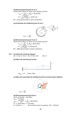 - 98 -
(d) Dimensionnement pour le cas 1 :
Critère de Von Mises car l’acier est un matériau ductile :
𝜏𝑚𝑎𝑥 =
𝑇
2𝜋𝑅2𝑒
≤
𝑓𝑒
𝛾 .√3
= 90,45 𝑀𝑃𝑎
𝑅 = √
500 000
2 .𝜋 . 2 .90,45
= 20,97 𝑚𝑚
𝑹 = 𝟐, 𝟓 [cm] (arrondir au demi-centimètre)
(e) Contraintes de cisaillement pour le cas 2 :
𝜏𝑚𝑎𝑥 =
3𝑇
𝜋𝑅𝑒2
(f) Dimensionnement pour le cas 2 :
Critère de Von Mises car l’acier est un matériau ductile :
𝜏𝑚𝑎𝑥 =
3𝑇
𝜋𝑅𝑒2 ≤
𝑓𝑒
𝛾 .√3
= 90,45 𝑀𝑃𝑎
𝑅 =
3 .500 000
𝜋 .22 .90,45
= 1319,69 𝑚𝑚
𝑹 = 𝟏𝟑𝟐 [cm] (arrondir au demi-centimètre)
13.6 (a) Calcul des réactions d’appuis :
Rx = 0 Ry = 0 Rz =F Mx = 0 My = 4aF Mz = 0
(b) Allure des moments de torsion :
𝑻𝒎𝒂𝒙 = a F Unités : kNm
(c) Allure des contraintes de cisaillement dans la section la plus sollicitée :
𝜏𝑚𝑎𝑥 =
2𝑇
𝜋𝑅3
(d) Dimensionnement de la barre :
L’acier est ductile → Von Mises
𝑇𝑚𝑎𝑥 = 0,4 𝑘𝑁𝑚
𝜏𝑚𝑎𝑥 =
2 .0,4 𝑘𝑁𝑚
𝜋𝑅3 ≤
𝑓𝑒
𝛾√3
= 90,45 𝑀𝑃𝑎
𝑅³ . 𝜋 . 90,45 𝑀𝑃𝑎 = 2 . 0,4 𝑘𝑁𝑚
𝑅 = 0,014 𝑚 → On arrondi au demi cm supérieur : 𝑹 = 𝟏, 𝟓 [cm]
 