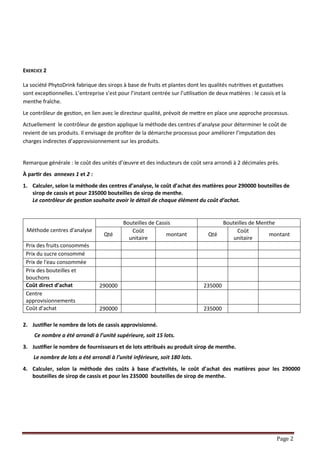 Page 2
EXERCICE 2
La société PhytoDrink fabrique des sirops à base de fruits et plantes dont les qualités nutritives et gustatives
sont exceptionnelles. L’entreprise s’est pour l’instant centrée sur l’utilisation de deux matières : le cassis et la
menthe fraîche.
Le contrôleur de gestion, en lien avec le directeur qualité, prévoit de mettre en place une approche processus.
Actuellement le contrôleur de gestion applique la méthode des centres d’analyse pour déterminer le coût de
revient de ses produits. Il envisage de profiter de la démarche processus pour améliorer l’imputation des
charges indirectes d’approvisionnement sur les produits.
Remarque générale : le coût des unités d’œuvre et des inducteurs de coût sera arrondi à 2 décimales près.
À partir des annexes 1 et 2 :
1. Calculer, selon la méthode des centres d’analyse, le coût d’achat des matières pour 290000 bouteilles de
sirop de cassis et pour 235000 bouteilles de sirop de menthe.
Le contrôleur de gestion souhaite avoir le détail de chaque élément du coût d’achat.
Méthode centres d'analyse
Bouteilles de Cassis Bouteilles de Menthe
Qté
Coût
unitaire
montant Qté
Coût
unitaire
montant
Prix des fruits consommés
Prix du sucre consommé
Prix de l'eau consommée
Prix des bouteilles et
bouchons
Coût direct d’achat 290000 235000
Centre
approvisionnements
Coût d’achat 290000 235000
2. Justifier le nombre de lots de cassis approvisionné.
Ce nombre a été arrondi à l’unité supérieure, soit 15 lots.
3. Justifier le nombre de fournisseurs et de lots attribués au produit sirop de menthe.
Le nombre de lots a été arrondi à l’unité inférieure, soit 180 lots.
4. Calculer, selon la méthode des coûts à base d’activités, le coût d’achat des matières pour les 290000
bouteilles de sirop de cassis et pour les 235000 bouteilles de sirop de menthe.
 