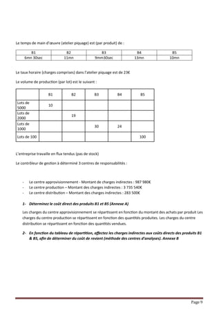 Page 9
Le temps de main d’œuvre (atelier piquage) est (par produit) de :
B1 B2 B3 B4 B5
6mn 30sec 11mn 9mm30sec 13mn 10mn
Le taux horaire (charges comprises) dans l’atelier piquage est de 23€
Le volume de production (par lot) est le suivant :
B1 B2 B3 B4 B5
Lots de
5000
10
Lots de
2000
19
Lots de
1000
30 24
Lots de 100 100
L’entreprise travaille en flux tendus (pas de stock)
Le contrôleur de gestion à déterminé 3 centres de responsabilités :
- Le centre approvisionnement - Montant de charges indirectes : 987 980€
- Le centre production – Montant des charges indirectes : 3 735 540€
- Le centre distribution – Montant des charges indirectes : 283 500€
1- Déterminez le coût direct des produits B1 et B5 (Annexe A)
Les charges du centre approvisionnement se répartissent en fonction du montant des achats par produit Les
charges du centre production se répartissent en fonction des quantités produites. Les charges du centre
distribution se répartissent en fonction des quantités vendues.
2- En fonction du tableau de répartition, affectez les charges indirectes aux coûts directs des produits B1
& B5, afin de déterminer du coût de revient (méthode des centres d’analyses). Annexe B
 
