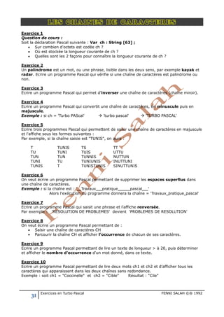 31 Exercices en Turbo Pascal FENNI SALAH ©® 1992
LES CHAINES DE CARACTERES
Exercice 1
Question de cours :
Soit la déclaration Pascal suivante : Var ch : String [63] ;
• Sur combien d'octets est codée ch ?
• Où est stockée la longueur courante de ch ?
• Quelles sont les 2 façons pour connaître la longueur courante de ch ?
Exercice 2
Un palindrome est un mot, ou une phrase, lisible dans les deux sens, par exemple kayak et
radar. Ecrire un programme Pascal qui vérifie si une chaîne de caractères est palindrome ou
non.
Exercice 3
Ecrire un programme Pascal qui permet d'inverser une chaîne de caractères (chaîne miroir).
Exercice 4
Ecrire un programme Pascal qui convertit une chaîne de caractères, en minuscule puis en
majuscule.
Exemple : si ch = 'Turbo PAScal'  'turbo pascal'  'TURBO PASCAL'
Exercice 5
Ecrire trois programmes Pascal qui permettent de saisir une chaîne de caractères en majuscule
et l'affiche sous les formes suivantes :
Par exemple, si la chaîne saisie est "TUNIS", on aura :
T
TU
TUN
TUNI
TUNIS
TUNIS
TUNI
TUN
TU
T
TS
TUIS
TUNNIS
TUNIUNIS
TUNISTUNIS
TT
UTTU
NUTTUN
INUTTUNI
SINUTTUNIS
Exercice 6
On veut écrire un programme Pascal permettant de supprimer les espaces superflus dans
une chaîne de caractères.
Exemple : si la chaîne est : 'Travauxpratiquepascal'
Alors l'exécution du programme donnera la chaîne = 'Travauxpratiquepascal'
Exercice 7
Ecrire un programme Pascal qui saisit une phrase et l'affiche renversée.
Par exemple : 'RESOLUTION DE PROBLEMES' devient 'PROBLEMES DE RESOLUTION'
Exercice 8
On veut écrire un programme Pascal permettant de :
• Saisir une chaîne de caractères CH
• Parcourir la chaîne CH et afficher l'occurrence de chacun de ses caractères.
Exercice 9
Ecrire un programme Pascal permettant de lire un texte de longueur > à 20, puis déterminer
et afficher le nombre d'occurrence d'un mot donné, dans ce texte.
Exercice 10
Ecrire un programme Pascal permettant de lire deux mots ch1 et ch2 et d’afficher tous les
caractères qui apparaissent dans les deux chaînes sans redondance.
Exemple : soit ch1 = "Coccinelle" et ch2 = "Cible" Résultat : "Cile"
 