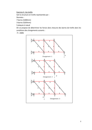 3
Exercice 4 : les treillis
Soit la structure en treillis représentée par :
Données :
7 barres 3(300mm)
3 barres 5(424mm)
5 plaques à nœud
On se propose de déterminer les forces dans chacune des barres de treillis dans les
conditions des chargements suivants :
P = 200N
 