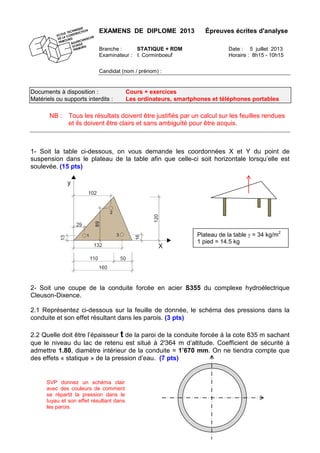 EXAMENS DE DIPLOME 2013 Épreuves écrites d'analyse
Branche : STATIQUE + RDM Date : 5 juillet 2013
Examinateur : I. Corminboeuf Horaire : 8h15 - 10h15
Candidat (nom / prénom) :
Documents à disposition : Cours + exercices
Matériels ou supports interdits : Les ordinateurs, smartphones et téléphones portables
NB : Tous les résultats doivent être justifiés par un calcul sur les feuilles rendues
et ils doivent être clairs et sans ambiguïté pour être acquis.
1- Soit la table ci-dessous, on vous demande les coordonnées X et Y du point de
suspension dans le plateau de la table afin que celle-ci soit horizontale lorsqu’elle est
soulevée. (15 pts)
2- Soit une coupe de la conduite forcée en acier S355 du complexe hydroélectrique
Cleuson-Dixence.
2.1 Représentez ci-dessous sur la feuille de donnée, le schéma des pressions dans la
conduite et son effet résultant dans les parois. (3 pts)
2.2 Quelle doit être l’épaisseur t de la paroi de la conduite forcée à la cote 835 m sachant
que le niveau du lac de retenu est situé à 2'364 m d’altitude. Coefficient de sécurité à
admettre 1.80, diamètre intérieur de la conduite = 1’670 mm. On ne tiendra compte que
des effets « statique » de la pression d’eau. (7 pts)
Plateau de la table γ = 34 kg/m
2
1 pied = 14.5 kg
SVP donnez un schéma clair
avec des couleurs de comment
se répartit la pression dans le
tuyau et son effet résultant dans
les parois.
1
2
3
 