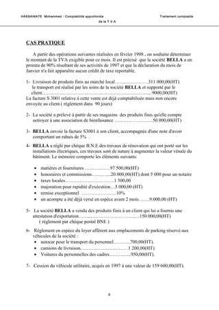 HASSAINATE Mohammed : Comptabilité approfondie Traitement comptable 
de la T.V.A 
CAS PRATIQUE 
A partir des opérations suivantes réalisées en février 1998 , on souhaite déterminer 
le montant de la TVA exigible pour ce mois. Il est précisé que la société BELLA a un 
prorata de 90% résultant de ses activités de 1997 et que la déclaration du mois de 
Janvier n'a fait apparaître aucun crédit de taxe reportable. 
1- Livraison de produits finis au marché local…………………311 000,00(HT) 
le transport est réalisé par les soins de la société BELLA et supporté par le 
client……………………………………………………………9000,00(HT) 
La facture S 3001 relative à cette vente est déjà comptabilisée mais non encore 
envoyée au client.( règlement dans 90 jours) 
2- La société a prélevé à partir de ses magasins des produits finis qu'elle compte 
octroyer à une association de bienfaisance ……………………50 000,00(HT) 
3- BELLA envoie la facture S3001 à son client, accompagnée d'une note d'avoir 
comportant un rabais de 5% . 
4- BELLA a réglé par chèque B.N.E des travaux de rénovation qui ont porté sur les 
installations électriques, ces travaux sont de nature à augmenter la valeur vénale du 
bâtiment. Le mémoire comporte les éléments suivants: 
· matières et fournitures …….………97 500,00(HT) 
· honoraires et commissions….……...20 000,00(HT) dont 5 000 pour un notaire 
· taxes locales………………………….1 500,00 
· majoration pour rapidité d'exécution…5 000,00 (HT) 
· remise exceptionnel ………………….10% 
· un acompte a été déjà versé en espèce avant 2 mois…….9.000,00 (HT) 
5- La société BELLA a vendu des produits finis à un client qui lui a fournis une 
attestation d'exportation……..………………………….150 000,00(HT) 
( règlement par chèque postal BNE ) 
6- Règlement en espèce du loyer afférent aux emplacements de parking réservé aux 
véhicules de la société : 
· autocar pour le transport du personnel………..700,00(HT). 
· camions de livraison…………………………1 200,00(HT). 
· Voitures du personnelles des cadres…………..950,00(HT). 
7- Cession du véhicule utilitaire, acquis en 1997 à une valeur de 159 600,00(HT). 
4 
 