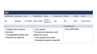 NEF
COMPRESSIÓ RESOLUCIÓ PES DIMENSIONS MIDA CANALS ALFA CAPES COLOR MODE
NO 300 ppp 17.74 MB 5851 x 3901
49,54 x
33,03 cm
NO NO RGB 16bits/canal
+ - ALTRES DETALLS
* Imatge amb la màxima
informació
* Compatibilitat limitada amb
l´intercanvi de Sistemes
* Arxiu pesant
* No apte per dispositius web i
adjunts de correu
* Arxiu pendent de revelat
* Necessita programes específics
* Arxiu RAW Nikon
 