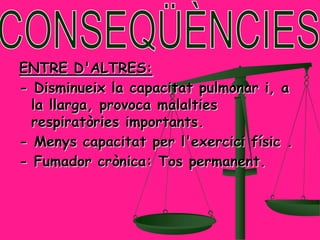 ENTRE D'ALTRES:
- Disminueix la capacitat pulmonar i, a
  la llarga, provoca malalties
  respiratòries importants.
- Menys capacitat per l'exercici físic .
- Fumador crònica: Tos permanent.
 