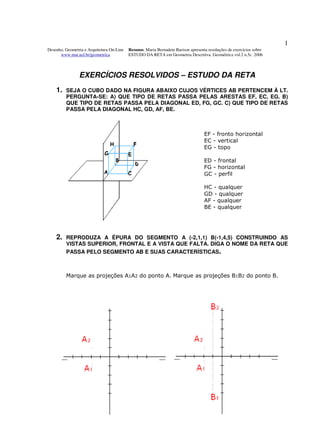 Desenho, Geometria e Arquitetura On-Line
www.mat.uel.br/geometrica
Resumo. Maria Bernadete Barison apresenta resoluções de exercícios sobre
ESTUDO DA RETA em Geometria Descritiva. Geométrica vol.2 n.5c. 2006
1
EXERCÍCIOS RESOLVIDOS – ESTUDO DA RETA
1. SEJA O CUBO DADO NA FIGURA ABAIXO CUJOS VÉRTICES AB PERTENCEM À LT.
PERGUNTA-SE: A) QUE TIPO DE RETAS PASSA PELAS ARESTAS EF, EC, EG. B)
QUE TIPO DE RETAS PASSA PELA DIAGONAL ED, FG, GC. C) QUE TIPO DE RETAS
PASSA PELA DIAGONAL HC, GD, AF, BE.
EF - fronto horizontal
EC - vertical
EG - topo
ED - frontal
FG - horizontal
GC - perfil
HC - qualquer
GD - qualquer
AF - qualquer
BE - qualquer
2. REPRODUZA A ÉPURA DO SEGMENTO A (-2,1,1) B(-1,4,5) CONSTRUINDO AS
VISTAS SUPERIOR, FRONTAL E A VISTA QUE FALTA. DIGA O NOME DA RETA QUE
PASSA PELO SEGMENTO AB E SUAS CARACTERÍSTICAS.
Marque as projeções A1A2 do ponto A. Marque as projeções B1B2 do ponto B.
 