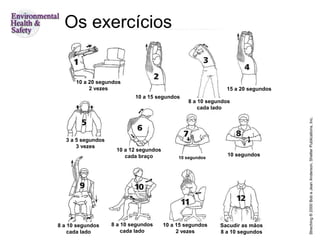 Os exercícios
Streching®2000BobeJeanAnderson.ShelterPublications,Inc.
10 a 20 segundos
2 vezes
10 a 15 segundos
8 a 10 segundos
cada lado
15 a 20 segundos
10 segundos
10 segundos
10 a 12 segundos
cada braço
3 a 5 segundos
3 vezes
8 a 10 segundos
cada lado
8 a 10 segundos
cada lado
10 a 15 segundos
2 vezes
Sacudir as mãos
8 a 10 segundos
 