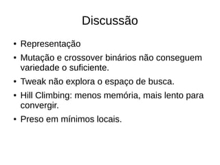 Discussão
● Representação
● Mutação e crossover binários não conseguem
variedade o suficiente.
● Tweak não explora o espaço de busca.
● Hill Climbing: menos memória, mais lento para
convergir.
● Preso em mínimos locais.
 