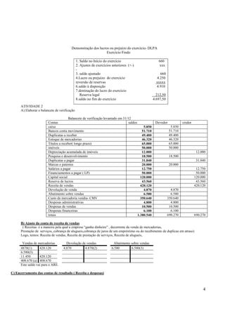 Demonstração dos lucros ou prejuízo do exercício- DLPA
Exercício Findo
1. Saldo no Início do exercício
2. Ajustes de exercícios anteriores (+-)
3. saldo ajustado
4.Lucro ou prejuízo do exercício
reversão de reservas
6.saldo à disposição
7.destinação do lucro do exercício
Reserva legal
8.saldo no fim do exercício

660
xxx
660
4.250
xxxxx
4.910
212,50
4.697,50

ATIVIDADE 2
A) Elaborar o balancete de verificação
Balancete de verificação levantado em 31/12
Contas
saldos
caixa
5.850
Bancos conta movimento
51.710
Duplicatas a receber
49.400
Estoque de mercadorias
46.320
Títulos a receber( longo prazo)
65.000
imóveis
50.000
Depreciação acumulada de imóveis
12.000
Pesquisa e desenvolvimento
18.500
Duplicatas a pagar
31.840
Marcas e patentes
20.000
Salários a pagar
12.750
Financiamentos a pagar ( LP)
50.000
Capital social
120.000
Reserva de lucros
43.560
Receita de vendas
420.120
Devolução de venda
4.870
Abatimento sobre vendas
6.580
Custo da mercadoria vendia- CMV
350.640
Despesas administrativas
4.800
Despesas de vendas
10.500
Despesas financeiras
6.100
totais
1.380.540

Devedor

credor
5.850
51.710
49.400
46.320
65.000
50.000
12.000
18.500
31.840
20.000
12.750
50.000
120.000
43.560
420.120

4.870
6.580
350.640
4.800
10.500
6.100
690.270

690.270

B) Ajuste da conta de receita de vendas
( Receitas: é a maneira pela qual a empresa “ganha dinheiro” , decorrente da venda de mercadorias,
Prestação de serviços, cobrança de alugueis,cobrança de juros de um empréstimo ou do recebimento de duplicas em atraso)
Logo, temos: Receita de vendas, Receita de prestação de serviços, Receita de alugueis,
Vendas de mercadorias
4870(1)
420.120
6.580(3)
11.450
420.120
408.670 (a) 408.670
Este saldo vai para o ARE.

Devolução de vendas
4.870
4.870(2)

Abatimento sobre vendas
6.580
6.580(3)

C) Encerramento das contas de resultado ( Receita e despesas)

4

 