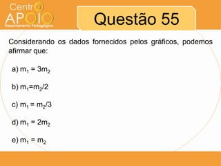 Questão 55
Considerando os dados fornecidos pelos gráficos, podemos
afirmar que:
a) m1 = 3m2

b) m1=m2/2
c) m1 = m2/3

d) m1 = 2m2
e) m1 = m2

 