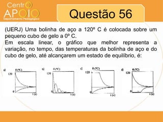 Questão 56
(UERJ) Uma bolinha de aço a 120º C é colocada sobre um
pequeno cubo de gelo a 0º C.
Em escala linear, o gráfico que melhor representa a
variação, no tempo, das temperaturas da bolinha de aço e do
cubo de gelo, até alcançarem um estado de equilíbrio, é:

 