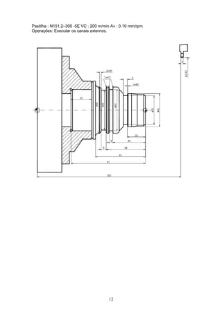 Pastilha : N151.2–300 -5E VC : 200 m/min Av : 0.10 mm/rpm
Operações: Executar os canais externos.
12
 
