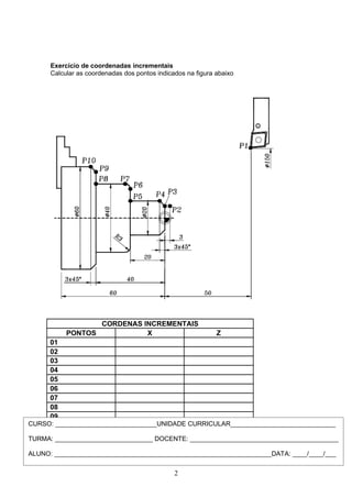 Exercício de coordenadas incrementais
Calcular as coordenadas dos pontos indicados na figura abaixo
CORDENAS INCREMENTAIS
PONTOS X Z
01
02
03
04
05
06
07
08
09
10
2
CURSO: ____________________________UNIDADE CURRICULAR_____________________________
TURMA: ___________________________ DOCENTE: _________________________________________
ALUNO: ____________________________________________________________DATA: ____/____/___
 