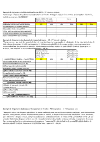 Exemplo 4 - Orçamento de Mão de Obra Direta - MOD - 1º Trimestre do Ano:
QUANT. HORAS POR UNID. Horas
CUSTO DA HORA TRABALHADA
ORÇAMENTO DE ESTIMATIVA DE VENDAS DEZ JAN FEV MAR ABR MAI
Volume de produção estimada (em UNID)
Mão de Obra Direta - Hora p/UNID
TOTAL MAO DE OBRA DIRETA ESTIMADA(R$)
Custo da Hora Trabalhada (incluindo encargos)
TOTAL CUSTO DA MOD ESTIMADA(R$)
Exemplo 5 - Orçamento dos Custos Indiretos de Fabricação - CIF - 1º Trimestre do Ano
Materiais Indiretos p/Hora Estimada
Mão de Obra Indireta p/Hora Estimada
Energia Elétrica p/Hora Estimada
Manutenção p/Hora Estimada
ORÇAMENTO DOS CIFs (Var. e Fixos)- 1º TRIM. DEZ JAN FEV MAR ABR MAI
Horas Orçadas de Mão de obra Direta (horas)
Materiais Indiretos Estimados p/un. (R$)
(+) Total Mat.Indireto Estimado (R$)
Mão de obra Indireta Estimada p/un. (R$)
(+) Total Mão de obra Indireta Estimada (R$)
Energia Elétrica Estimada p/un. (R$)
(+) Total Energia Elétrica Estimada (R$)
Manutenção Estimada p/un. (R$)
(+) Total Manutenção Estimada (R$)
(=) Total CIF Variável Estimado (R$)
(+) Salário da Supervisão Estimado (R$)
(+) Depreciação (R$)
(+) Taxas e Seguros (R$)
(+) Manutenção (R$)
(=) Total CIF Fixo Estimado (R$)
(=) Total CIF Geral - Variável e Fixo (R$)
Exemplo 6 - Orçamento de Despesas Operacionais de Vendas e Administrativas - 1º Trimestre do Ano
“A empresa calcula suas despesas operacionais de vendas e administrativas em um único orçamento, que projeta antecipadamente as
despesas para o próximo período. Nesse orçamento, como no anterior, as despesas são classificadas em variáveis e fixas. Nesse caso,
para determinar a despesa variável, a empresa estabelece sua política de comissões de vendas em R$ 3,10 e de frete em R$ 1,05 por
unidade. O cálculo das despesas variáveis por mês é baseado no número de unidades vendidas, estimadas no orçamento de vendas.
Para as despesas fixas foram estimados os seguintes valores: Propaganda R$ 2.000,00, Salários de vendas R$ 3.000,00, Salários da
administração R$ 13.000,00, Depreciação R$ 1.500,00 e Taxas e seguros R$ 1.000,00
“Com relação à mão de obra, são necessárias três horas de trabalho direto para produzir cada unidade. O valor da hora trabalhada,
incluído os encargos, é de R$ 10,00.”
“A empresa prevê que parte dos custos indiretos irão variar com base nas horas orçadas de mão de obra direta: materiais indiretos R$
1,00, mão de obra indireta R$ 1,50, energia elétrica R$ 0,50 e manutenção R$ 0,20. A empresa também reconhece que parte da
manutenção é fixa. São assumidos os seguintes valores para os custos fixos: salários da supervisão R$ 20.000,00, depreciação R$
4.500,00, taxas e seguros R$ 3.000,00 e manutenção R$ 5.700,00.”
 
