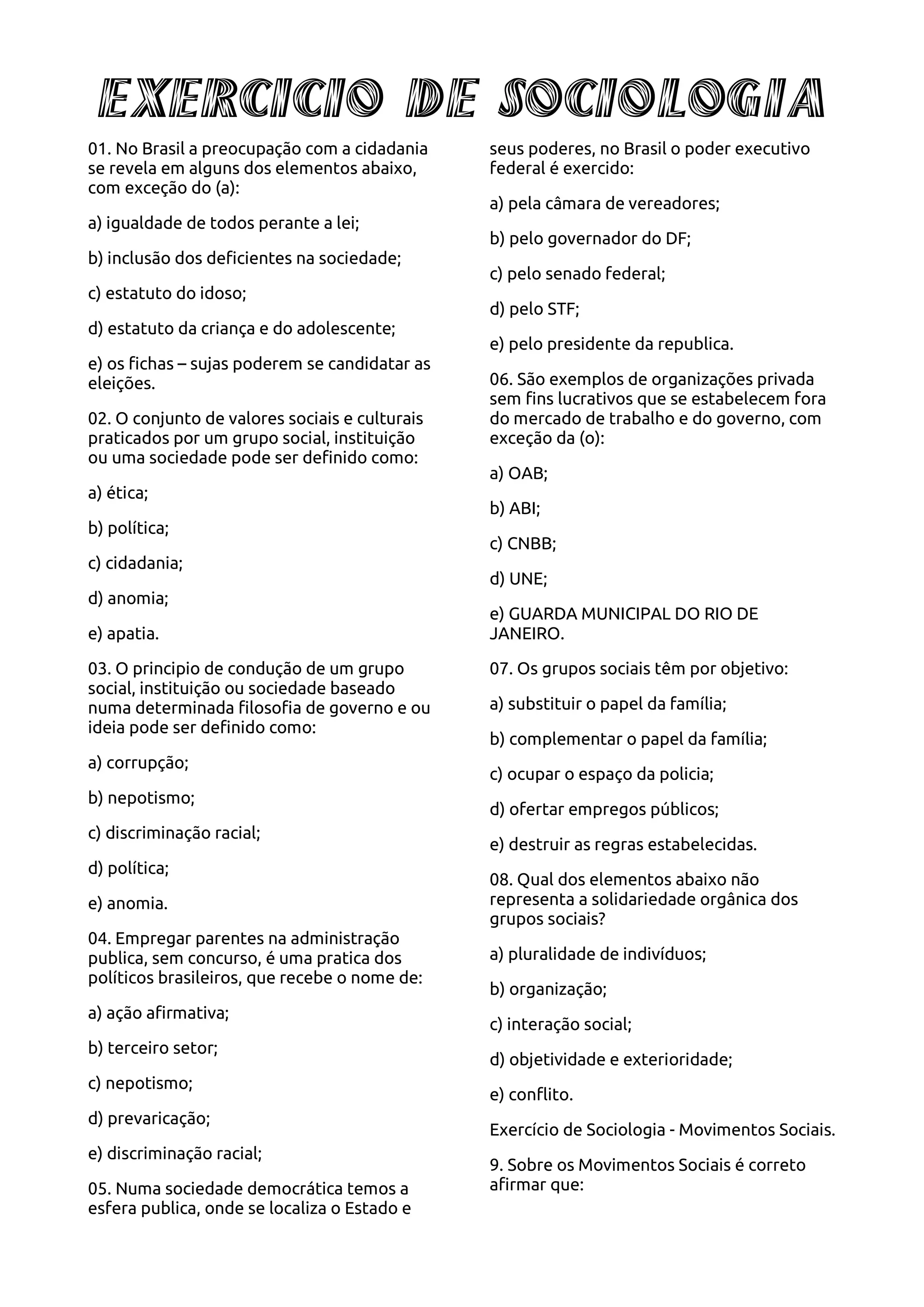 Exercicio de sociologia e filosofia | PDF