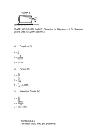 FIGURA 3
FONTE: MELCONIAN. SARKIS: Elementos de Máquinas – 9 Ed. Revisada.
Editora Érica. Ano 2009. Determine:
a) Frequência (f)
𝑓 =
1
𝑇
𝑓 =
1
0,0345
𝑓 = 29 𝐻𝑧
b) Período (T)
𝑇 =
2𝜋
𝜔
𝑇 =
2𝜋
58𝜋
𝑇 =
1
29
= 0,0345 𝑠
c) Velocidade Angular (ω)
𝜔 =
𝜋𝑛
30
𝜔 =
1470𝜋
30
𝜔 = 58𝜋 𝑟𝑎𝑑/𝑠
EXERCÍCIO 2.1
Um motor possui 1740 rpm. Determine:
 