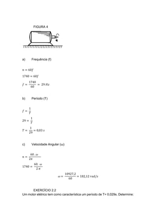 FIGURA 4
a) Frequência (f)
𝑛 = 60𝑓
1740 = 60𝑓
𝑓 =
1740
60
= 29 𝐻𝑧
b) Período (T)
𝑓 =
1
𝑇
29 =
1
𝑇
𝑇 =
1
29
= 0,03 𝑠
c) Velocidade Angular (ω)
𝑛 =
60 . 𝜔
2𝜋
1740 =
60. 𝜔
2 𝜋
 =
10927,2
60
= 182,12 𝑟𝑎𝑑/𝑠
EXERCÍCIO 2.2
Um motor elétrico tem como característica um período de T= 0,029s. Determine:
 