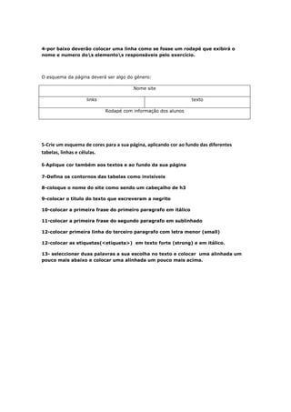4-por baixo deverão colocar uma linha como se fosse um rodapé que exibirá o
nome e numero dos elementos responsáveis pelo exercício.




O esquema da página deverá ser algo do género:

                                        Nome site

                   links                                         texto

                           Rodapé com informação dos alunos




5-Crie um esquema de cores para a sua página, aplicando cor ao fundo das diferentes
tabelas, linhas e células.

6-Aplique cor também aos textos e ao fundo da sua página

7-Defina os contornos das tabelas como invisíveis

8-coloque o nome do site como sendo um cabeçalho de h3

9-colocar o título do texto que escreveram a negrito

10-colocar a primeira frase do primeiro paragrafo em itálico

11-colocar a primeira frase do segundo paragrafo em sublinhado

12-colocar primeira linha do terceiro paragrafo com letra menor (small)

12-colocar as etiquetas(<etiqueta>) em texto forte (strong) e em itálico.

13- seleccionar duas palavras a sua escolha no texto e colocar uma alinhada um
pouco mais abaixo e colocar uma alinhada um pouco mais acima.
 