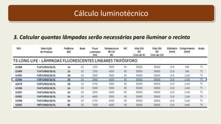 Cálculo luminotécnico
3. Calcular quantas lâmpadas serão necessárias para iluminar o recinto
 