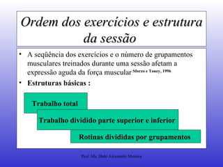 Ordem dos exercícios e estrutura da sessão   A seqüência dos exercícios e o número de grupamentos musculares treinados durante uma sessão afetam a expressão aguda da força muscular   Sforzo e Touey, 1996 Estruturas básicas :  Trabalho total  Trabalho dividido parte superior e inferior  Rotinas divididas por grupamentos  