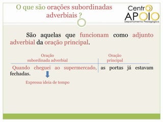 O que são orações subordinadas
            adverbiais ?

     São aquelas que funcionam como adjunto
adverbial da oração principal.

             Oração                 Oração
      subordinada adverbial        principal
 Quando cheguei ao supermercado, as portas já estavam
fechadas.
     Expressa ideia de tempo
 