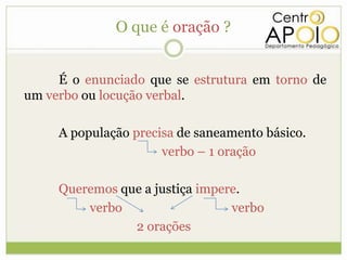 O que é oração ?


     É o enunciado que se estrutura em torno de
um verbo ou locução verbal.

     A população precisa de saneamento básico.
                      verbo – 1 oração

     Queremos que a justiça impere.
         verbo                   verbo
                2 orações
 