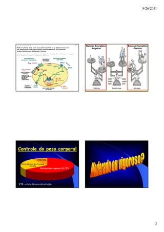 9/26/2011




                                                     Balanço Energético   Balanço Energético
                                                          Negativo             Positivo




Controle do peso corporal

                     ETR 10%
  Efeito térmico da Atividade
            15-30%
                        Metabolismo repouso 60-75%




ETR – efeito térmico da refeição




                                                                                               2
 