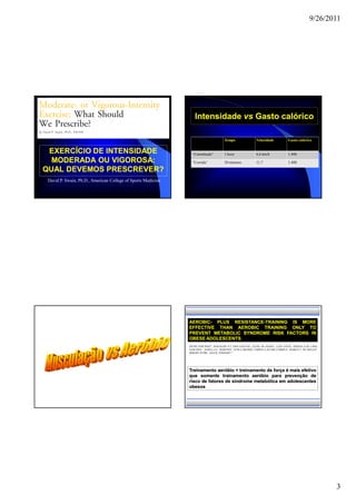 9/26/2011




                                                                 Intensidade vs Gasto calórico

                                                                                      Tempo                  Velocidade            Gasto calórico


 EXERCÍCIO DE INTENSIDADE                                       “Caminhada”           1 hora                 6,6 km/h              1.400
  MODERADA OU VIGOROSA:                                         “Corrida”             30 minutos             11,7                  1.400

QUAL DEVEMOS PRESCREVER?
              PRESCREVER?
 David P. Swain, Ph.D., American College of Sports Medicine




                                                              AEROBIC-
                                                              AEROBIC- PLUS RESISTANCE-TRAINING IS MORE
                                                                             RESISTANCE-
                                                              EFFECTIVE THAN AEROBIC TRAINING ONLY TO
                                                              PREVENT METABOLIC SYNDROME RISK FACTORS IN
                                                              OBESE ADOLESCENTS
                                                              DENIS FOSCHINI1*, RONALDO V.T. DOS SANTOS2, ALINE DE PIANO 1, LIAN TOCK1, PRISCILA DE LIMA
                                                              SANCHES1 , ANIELLA C. MARTINZ1, JUNE CARNIER1, FABÍOLA ALVISE CORRÊA1, MARCO T. DE MELLO2,
                                                              SÉRGIO TUFIK2, ANA R. DÂMASO1,3




                                                              Treinamento aeróbio + treinamento de força é mais efetivo
                                                              que somente trainamento aeróbio para prevenção de
                                                              risco de fatores de síndrome metabólica em adolescentes
                                                              obesos




                                                                                                                                                           3
 
