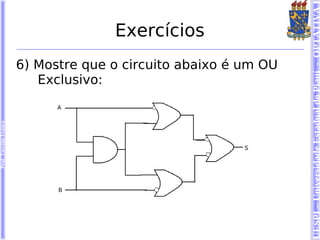Prof. Tarcísio Franco




                                          Exclusivo:
                                                                                 Exercícios
                                       6) Mostre que o circuito abaixo é um OU




UESPI – Universidade Estadual do Piauí - OPTATIVA I
 