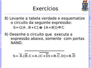 UESPI – Universidade Estadual do Piauí - OPTATIVA I
                                      Exercícios
                        8) Levante a tabela verdade e esquematize
                            o circuito da seguinte expressão:


                        9) Desenhe o circuito que executa a
Prof. Tarcísio Franco




                           expressão abaixo, somente com portas
                           NAND.
 