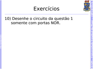 Prof. Tarcísio Franco




                                                                             Exercícios

                                          somente com portas NOR.
                                       10) Desenhe o circuito da questão 1




UESPI – Universidade Estadual do Piauí - OPTATIVA I
 