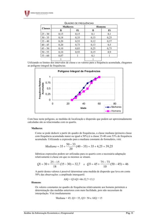Análise da Informação Económica e Empresarial Pág. 11
QUADRO DE FREQUÊNCIAS
Mulheres Homens
Classes
fi Fi fi Fi
25 - 30 0,15 0,15 0,1 0,1
30 - 35 0,18 0,33 0,15 0,25
35 - 40 0,20 0,53 0,12 0,37
40 - 45 0,20 0,73 0,13 0,5
45 - 50 0,10 0,83 0,25 0,75
50 - 55 0,10 0,93 0,15 0,9
55 - 60 0,07 1 0,1 1
1 1
Utilizando os limites dos intervalos de classe e os valores para a frequência acumulada, chegamos
ao polígono integral de frequências.
Polígono Integral de Frequências
0
0,25
0,5
0,75
1
0 20 40 60 80
Idade
FrequênciaRelativa
Acumulada
Mulheres
Homens
Com base neste polígono, as medidas de localização e dispersão que podem ser aproximadamente
calculadas são as relacionadas com os quartis.
Mulheres:
Como se pode deduzir a partir do quadro de frequências, a classe mediana (primeira classe
com frequência acumulada maior ou igual a 50%) é a classe 35-40 com 53% de frequência
acumulada. Utilizando a expressão para a mediana constante do formulário, virá:
25,3925,435)3540(
20
3350
35 =+=−
−
+=Mediana
Idênticas expressões podem ser utilizadas para os quartis com a necessária adaptação
relativamente à classe em que os mesmos se situam.
7,32)3035(
18
1525
301 =−
−
+=Q e 46)4550(
10
7375
453 =−
−
+=Q
A partir destes valores é possível determinar uma medida de dispersão que leva em conta
50% das observações: a amplitude interquartil.
AIQ = Q3-Q1=46-32,7=13,3
Homens:
Os valores constantes no quadro de frequências relativamente aos homens permitem a
determinação das medidas anteriores com mais facilidade, pois não necessitam de
interpolação. Virá imediatamente
Mediana = 45, Q1= 35, Q3= 50 e AIQ = 15
 