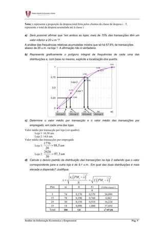Análise da Informação Económica e Empresarial Pág. 9
Nota: ti representa a proporção da despesa total feita pelos clientes da classe de despesa i . Ti
representa o total da despesa acumulada até à classe i.
a) Será possível afirmar que “em ambos as lojas, mais de 70% das transacções têm um
valor inferior a 20 u.m.”?
A análise das frequências relativas acumuladas mostra que só há 67,6% de transacções
abaixo de 20 u.m. na loja 1: A afirmação não é verdadeira.
b) Represente graficamente o polígono integral de frequências de cada uma das
distribuições e, com base no mesmo, explicite a localização dos quartis.
0
0,269
0,676
0,917
1,000
0
0,370
0,760
0,910
1,000
0
0,25
0,5
0,75
1
0 10 20 30 40
Loja 2
Loja 1
Q1(Loja 2) Q1(Loja 1)Q1(Loja 1) Q3 (Loja 1)Q3 (Loja 2)
c) Determine o valor médio por transacção e o valor médio das transacções por
empregado, em cada uma das lojas.
Valor médio por transacção por loja (ver quadro):
Loja 1: 16,38 um.
Loja 2: 14,6 um.
Valor médio das transacções por empregado
Loja 1:
1770
88,5
20
um=
Loja 2:
2920
97,3
30
um=
d) Calcule o desvio padrão da distribuição das transacções na loja 2 sabendo que o valor
correspondente para a outra loja é de 9,1 u.m.. Em qual das duas distribuições é mais
elevada a dispersão? Justifique.
( )
( )
2
2i i
i i
n PM x
s f PM x
N
−
= = −
Pmi ni fi Fi fi*(PMi-xbarra)^2
0
5 74 0,370 0,370 34,099
15 78 0,390 0,760 0,062
25 30 0,150 0,910 16,224
35 18 0,090 1,000 37,454
Total 200 1,0 s2
=87,84
 