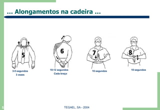 …  Alongamentos na cadeira …  TEGAEL, SA - 2004 3-5 segundos 3 vezes 10-12 segundos Cada braço 10 segundos 10 segundos 