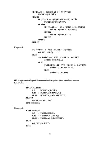 36
SE ( IDADE >= 0 ) E ( IDADE <= 3 ) ENTÃO
ESCREVA( ‘BEBÊ’)
SENÃO
SE ( IDADE >= 4 ) E ( IDADE <= 10 ) ENTÃO
ESCREVA( ‘CRIANÇA’)
SENÃO
SE ( IDADE >= 11 ) E ( IDADE <= 18 ) ENTÃO
ESCREVA( ‘ADOLESCENTE’)
SENÃO
ESCREVA( ‘ADULTO’)
FIM SE
FIM SE
FIM SE
Em pascal
IF ( IDADE >= 0 ) AND ( IDADE <= 3 ) THEN
WRITE( ‘BEBÊ’)
ELSE
IF ( IDADE >= 4 ) AND ( IDADE <= 10 ) THEN
WRITE( ‘CRIANÇA’)
ELSE
IF ( IDADE >= 11 ) AND ( IDADE <= 18 ) THEN
WRITE( ‘ADOLESCENTE’)
ELSE
WRITE( ‘ADULTO’);
O Exemplo mostrado poderia ser escrito da seguinte forma usando o comando
ESCOLHA:
ESCOLHA Idade
0..3 : ESCREVA(‘BEBÊ’)
4..10 : ESCREVA(‘CRIANÇA’)
11..18 : ESCREVA(‘ADOLESCENTE’)
SENÃO
ESCREVA(‘ADULTO’)
FIM ESCOLHA
Em pascal:
CASE Idade OF
0..3 : WRITE(‘BEBÊ’);
4..10 : WRITE(‘CRIANÇA’);
11..18 : WRITE(‘ADOLESCENTE’);
ELSE
WRITE(‘ADULTO’);
END;
 