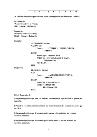 41
1 2 3 4 5 6 7 8 9 10
Os Valores numéricos apresentados acima correspondem aos índices da variável.
B) Atribuição
<Nome>[<Índice>]  Valor;
LEIA (<Nome>[<Índice>]);
Em pascal:
<Nome>[<Índice>]: =Valor;
READ (<Nome>[<Índice>]);
Exemplo:
ALGORITMO Atribui
VARIÁVEIS
Nomes : VETOR [1 : 20] DE CADEIA
i : INTEIRO
BEGIN
Nomes[1]  ‘João da Silva’
PARA i  2 ATE 20, PASSO 1, FACA
LEIA(Nomes[i])
FIM PARA
FIM
Em pascal:
PROGRAM Atribui;
VAR
Nomes : ARRAY[1..20]OF STRING;
i : INTEGER;
BEGIN
Nomes[1]: =‘João da Silva’;
FOR i: = 2 TO 20 DO
READ(Nomes[i]);
END.
11.1.1 Exercícios 8:
1) Faça um algoritmo que leia, via teclado, 200 valores do tipo inteiro e os guarde na
memória.
2) Amplie o exercício anterior emitindo um relatório com todos os números pares que
você leu.
3) Faça um algoritmo que determine qual o menor valor existente no vetor do
exercício número 1.
4) Faça um algoritmo que determine qual o maior valor existente no vetor do
exercício número 1.
 