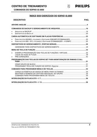 CENTRO DE TREINAMENTO!!
COMANDOS DO SOPHO iS-3000
APOSTILA DE COMANDOS DO PACOTE 810. 3
Para uso do CENTRO DE TREINAMENTO PBC.
ÍNDICE DOS EXERCÍCIOS DO SOPHO iS-3000
DESCRITIVO PAG.
ARVORE ANÁLISE ......................................................................................................................................4
COMANDOS DE BACKUP E GERENCIAMENTO DE ARQUIVOS..........................................................19
• ARQUIVOS DE BACKUP.........................................................................................................................19
• DISPOSITIVOS DE BACK-UP.....................................................................................................................20
CARGA AUTOMÁTICA DE SOFTWARE EM PLACAS PERIFÉRICAS...................................................23
• PARA PACOTES 800/805, UTILIZANDO O SOFTWARE SSM-MPC/SYSMANAGER....................................25
• PARA PACOTES 800...810, UTILIZANDO O SOFTWARE SYSMANAGER – 410/MPC.................................25
DISPOSITIVOS DE GERENCIAMENTO (PORTAS SERIAIS).................................................................26
HARDWARE PARA DISPOSITIVOS DE GERENCIAMENTO ...........................................................26
MENU DE TECLA DE FUNÇÃO ................................................................................................................33
• EXEMPLO PROGRAMAÇÃO DAS TECLAS DE FUNÇÕES / VIRTUAIS..........................................35
Leiaute das teclas de Função..............................................................................................................38
• PRÉ-CONDIÇÕES ..............................................................................................................................42
PROGRAMAÇÃO DAS TECLAS DO SOPHO SET PARA MONITORAÇÃO DE RAMAIS E CALL
PARK...................................................................................................................................................51
CRIAR GRUPO DE BUSCA................................................................................................................51
PROGRAMAR TECLA DE FUNÇÃO NO SOPHO- ErgoLine .............................................................51
COMANDO PARA PROGRAMAR MENU 0 DE TECLAS .........................................................................53
CARGA AUTOMÁTICA DE DADOS DE MENU PARA OS RAMAIS..................................................55
MOSTRAR O NÚMERO DA CAPTURA INDIVIDUAL NO GRUPO....................................................55
COMANDO PARA PROGRAMAR MENU DE TECLAS......................................................................55
INTERLIGAÇÃO DA PLACA DTX - I / 7....................................................................................................56
INTERLIGAÇÃO DA PLACA DTX - I / 15..................................................................................................58
 