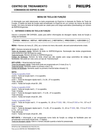 CENTRO DE TREINAMENTO!!
COMANDOS DO SOPHO iS-3000
APOSTILA DE COMANDOS DO PACOTE 810. 33
Para uso do CENTRO DE TREINAMENTO PBC.
MENU DE TECLA DE FUNÇÃO
A informação que está relacionada na tecla programada do ErgoLine é chamada de Dados de Tecla de
Função. O dados de tecla de função está armazenado no ErgoLine em um número de menus de tecla de
função. Um menu de tecla de função pode ser usado para uma carga automática (downloading) um número
de SOPHO-ErgoLines.
1. DEFININDO O MENU DE TECLA DE FUNÇÃO
Usa-se o comando OM CHFKDA, usado para definir informações de discagem rápida, tecla de função e
código de facilidade.
MENU = Número do menu (0...254), se o número do menu não existir, ele será automaticamente criado.
KEY = Número da tecla de função (0...254)
Tecla de discagem rápida: Número da tecla no SOPHO-ErgoLine. Numeração das teclas programáveis
varia conforme o tipo de ErgoLine usado.
Tecla de função: Número da tecla no SOPHO-ErgoLine.
Código de facilidade: Número da tecla virtual que são usadas para carga automática de código de
facilidades. Isto pode ser visto como um tipo de "memória local".
KEY-LEVEL = Nível da tecla de função.
Tecla de discagem rápida: Cada tecla pode ser programada em 2 níveis (0 ou 1).
Tecla de função: Somente usado no primeiro nível (= 0).
Código de facilidade: Somente usado no primeiro nível de teclas virtuais(= 0).
NOTA:
Teclas no aparelho D325:
nível 0 : Tecla de função real 0...5 no aparelho.
Total: 6 teclas.
nível 1 : Tecla de discagem rápida real 0...5 e 26...37 no aparelho.
Total: 18 teclas.
nível 0 : Teclas de função virtual 26...255.
Teclas no aparelho D330:
nível 0 : Tecla de função real 0...11 no aparelho.
Total: 12 teclas.
nível 1 : Tecla de discagem rápida real 0...11 e 26...37 no aparelho.
Total: 24 teclas.
nível 0 : Teclas de função virtual 26...255.
Teclas no aparelho D340:
nível 0 : Tecla de função real 0...11 no aparelho, 12...25 no 1º DSS, 100...113 no 2º DSS e 114...127 no 3º
DSS.
Total: 54 teclas.
nível 1 : Tecla de discagem rápida real 0...11 e 26...37 no aparelho, 12...25 no 1º DSS, 100...113 no 2º DSS
e 114...127 no 3º DSS.
Total: 66 teclas.
nível 0 : Teclas de função virtual 26...255.
KEY-DATA = Informação a ser armazenada numa tecla de função ou código de facilidade para ser
armazenado numa tecla virtual (max. 17 dígitos).
Tecla de discagem rápida: Este é o número discado quando a tecla for pressionada.
CHFKDA : <MENU>s/r , <KEY>s/r , <KEY-LEVEL>s/r [ , [ <KEY-DATA> ] , <PRIO-CODE> [ , <LED-CODE> ] ] ;
 
